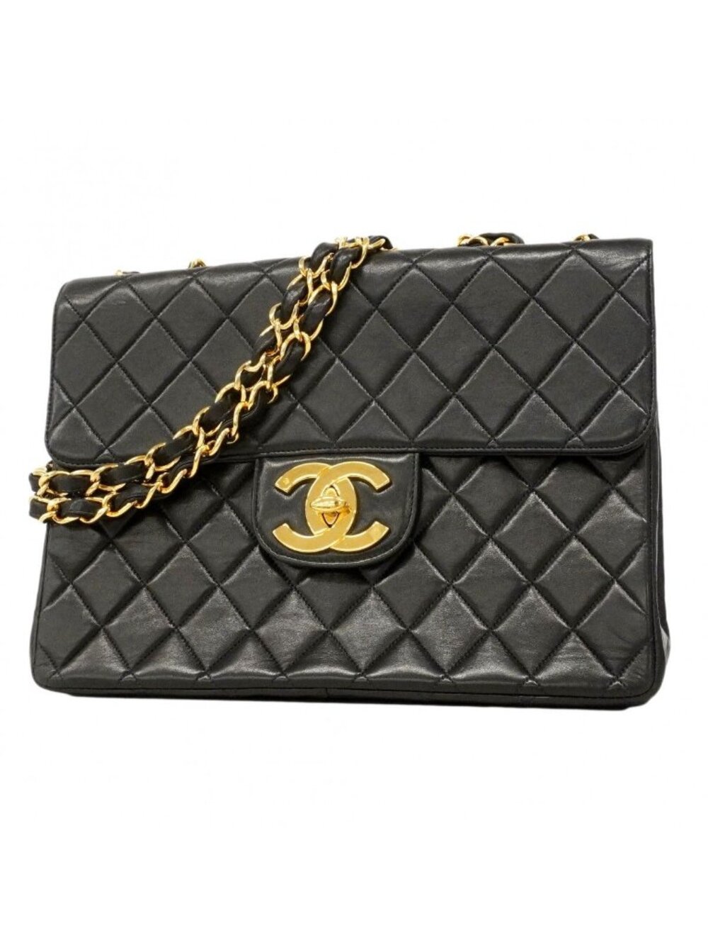 Chanel Shoulder Bag Big Quilted Lambskin Black Gold